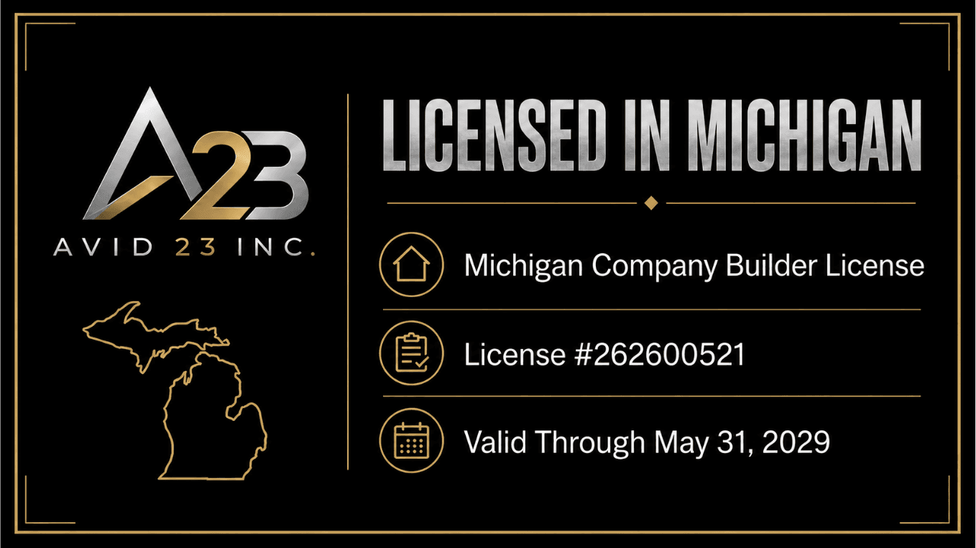 Avid 23 Inc. licensed Michigan company builder credential